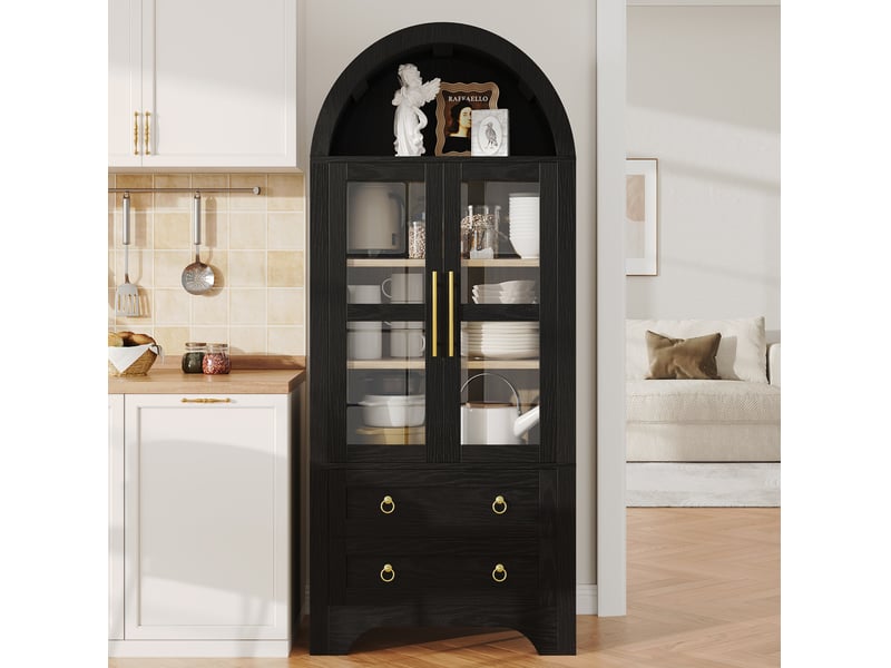  Buffet haut 76x40x180 cm, avec portes en verre et rangements en mdf noir, style moderne  - Conforama D