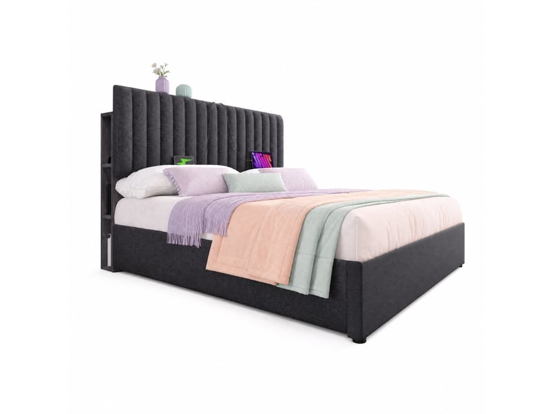 Lit coffre 160x200 cm 2 places avec tête de lit, rangement, led, prises usb et type-c, cadre métallique et revêtement lin gris, sans matelas - Conforama A