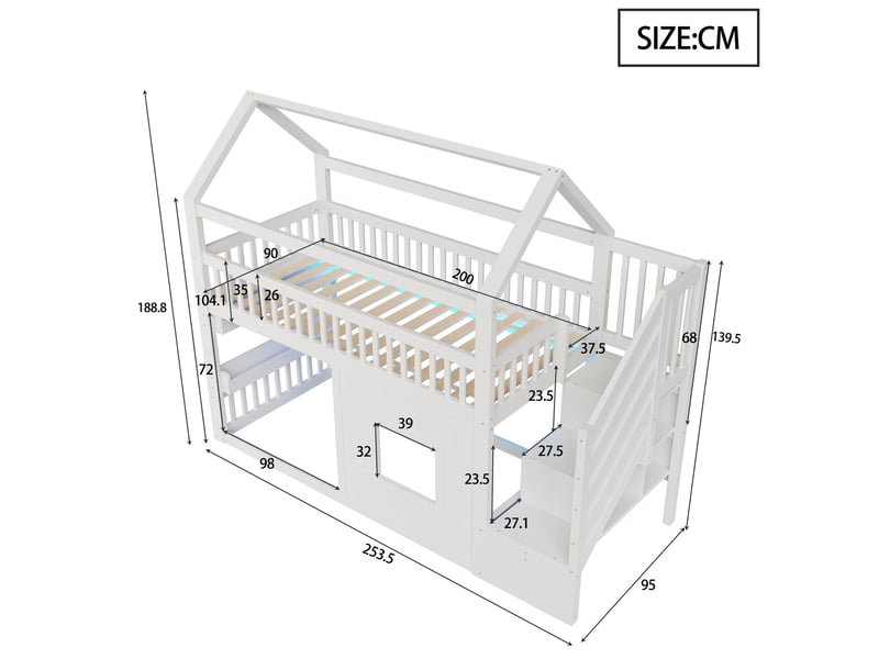  Lit cabane enfant 90x200 cm, avec escalier, étagère et éclairage led, structure en bois, blanc ABC - Conforama C