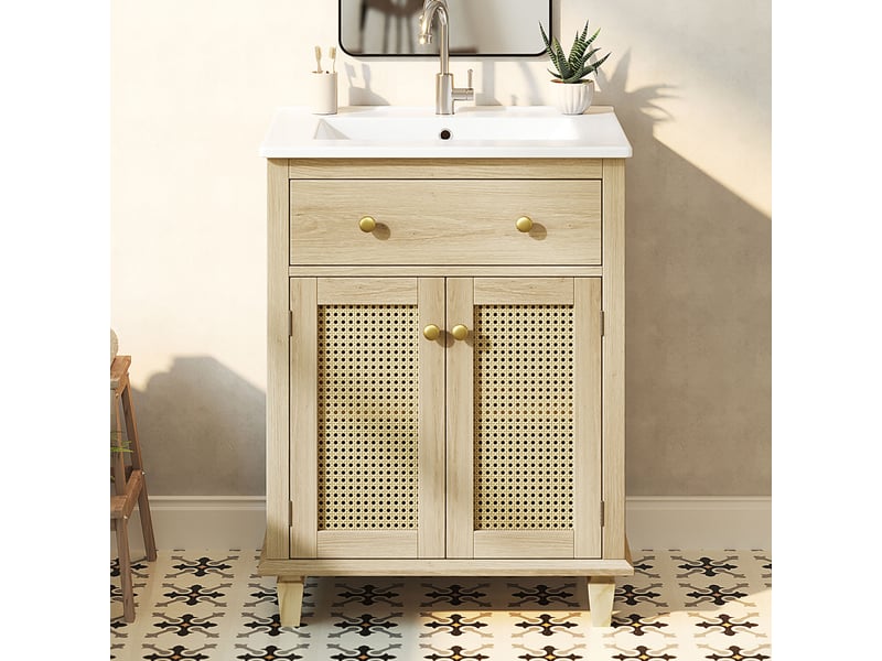 Meuble sous vasque avec lavabo en céramique, 2 portes, tiroir basculant et étagères réglables, 61 × 47 × 87 cm - Conforama D