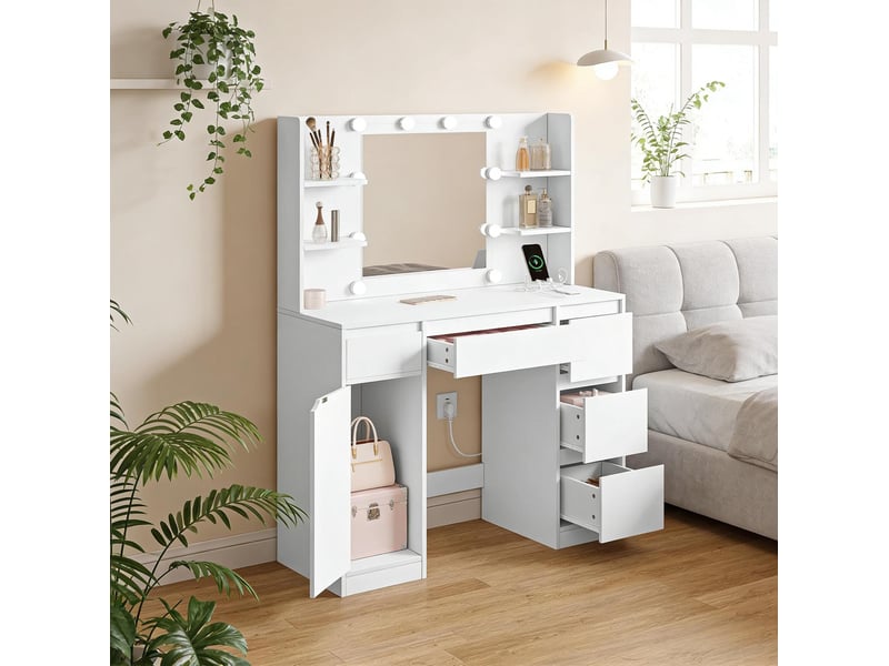  Coiffeuse tcqpz avec miroir led 110 x 40 x 140 cm rangement blanc  - Conforama D