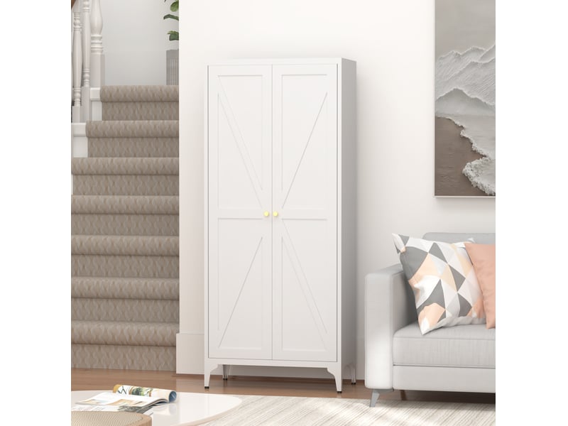  Buffet haut de rangement 35x70x165 cm, 2 portes avec tablettes réglables en métal, meuble de rangement, coloris blanc  - Conforama E