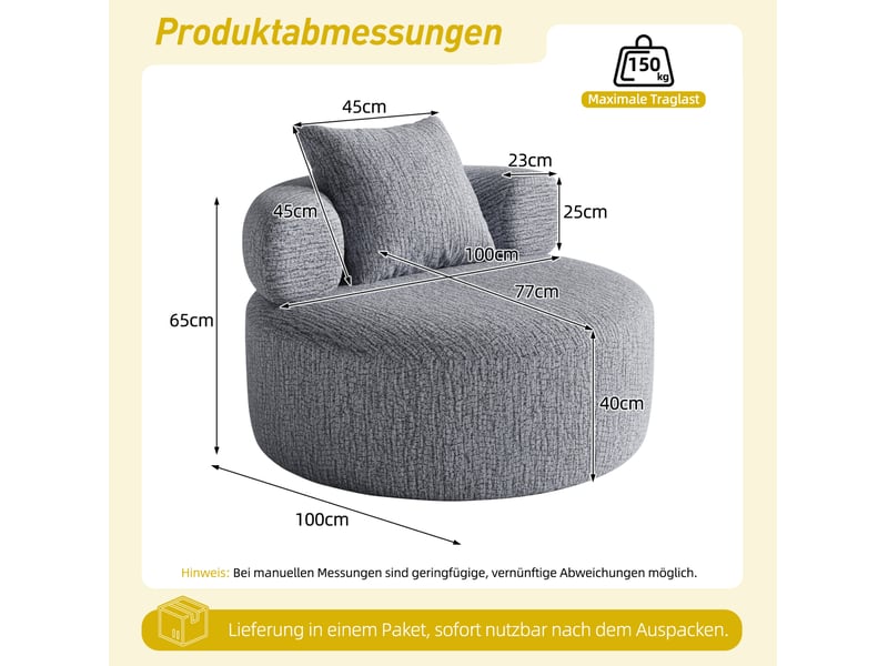  Fauteuil rond en chenille avec coussin, 100 cm, gris evryae  - Conforama E