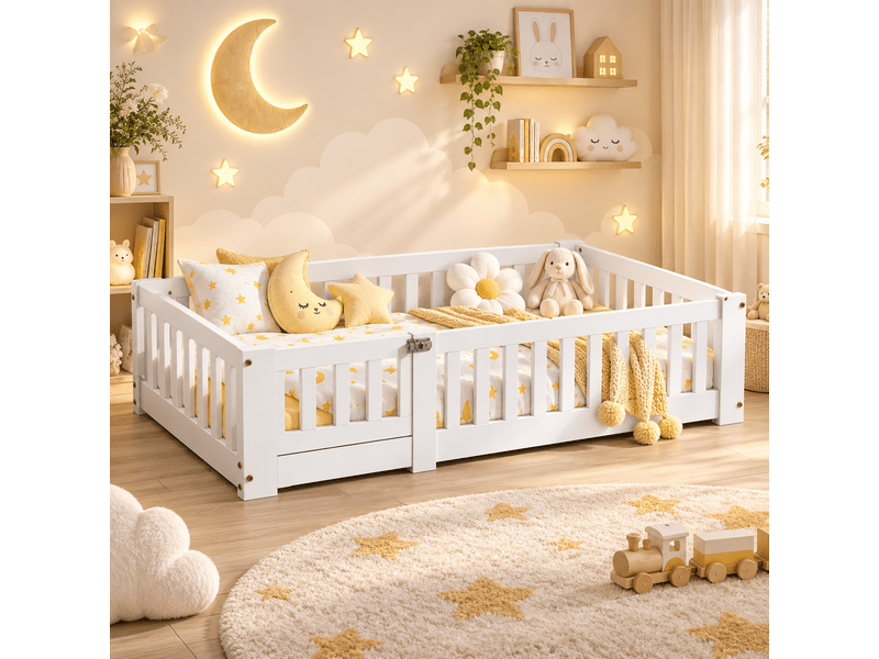 Lit au sol enfant 120x200, lit montessori au sol en bois massif avec barrière de sécurité et sommier à lattes  - Conforama B