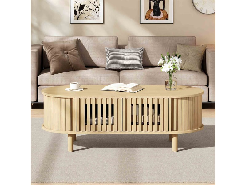  Table basse ovale 100x40x38 cm en mdf avec 2 portes cannage et porte coulissante, table de salon avec rangement, pieds en bois - bois naturel  - Conforama D