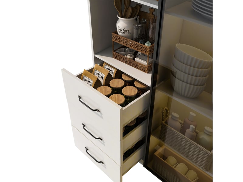  Vitrine led blanche 80x40x160 cm, bibliothèque avec porte en verre trempé, 3 tiroirs et étagères, cadre aluminium pour salon.  - Conforama R