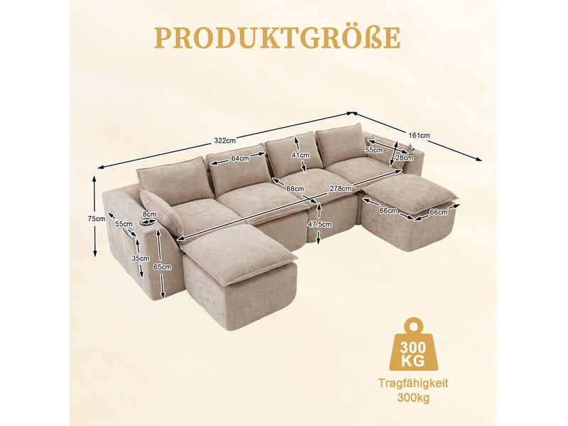  Canapé modulable modenvie 4 places avec 2 poufs, coussins, porte-gobelets et poches latérales, chenille kaki, 322 x 161 x 75 cm  - Conforama C