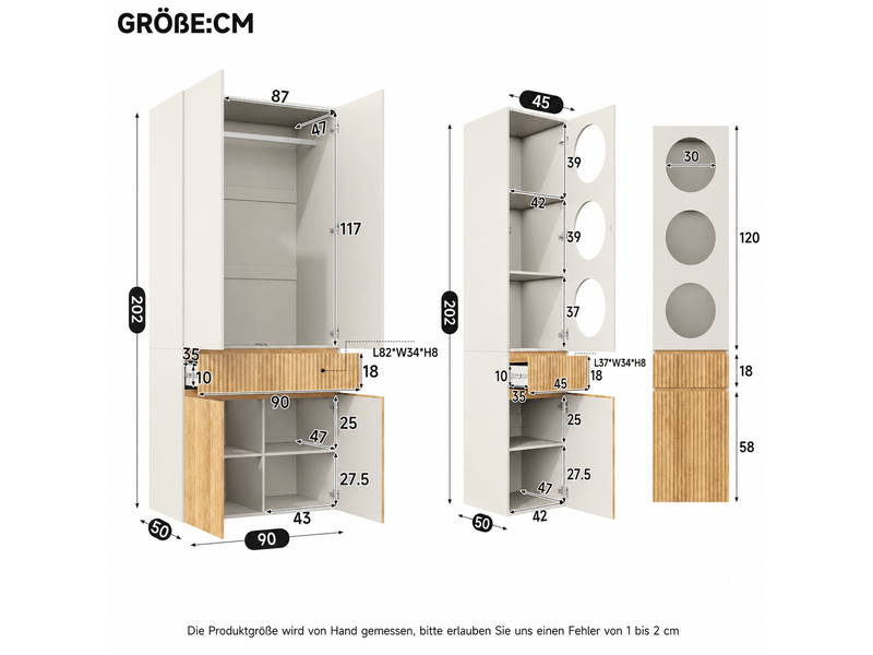  Armoire penderie 135x50x202 cm gris clair et bois, 6 portes, 2 tiroirs et tringle de rangement  - Conforama C