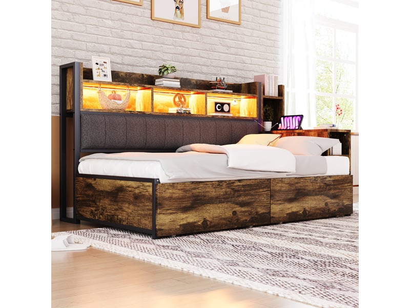  Lit avec rangement 90x200 cm coloris naturel led métal lit enfant naturel - Conforama E