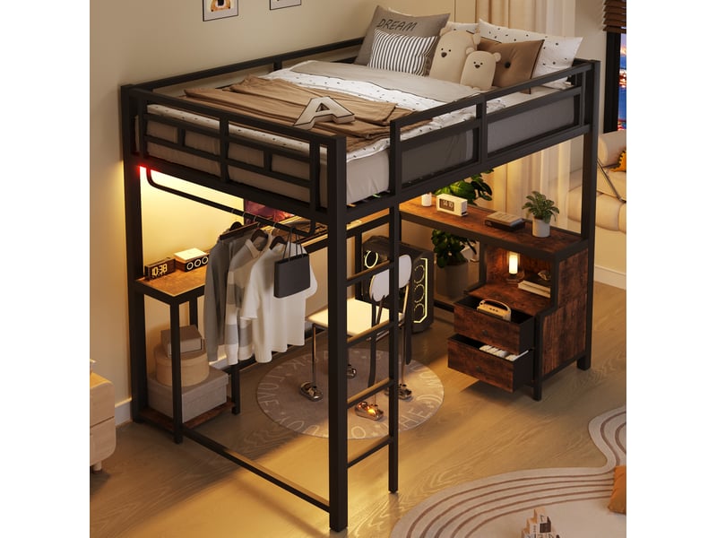  Lit mezzanine 140x200 cm led usb, bureau, rangements, penderie, métal bois, style industriel, noir sans matelas  - Conforama D