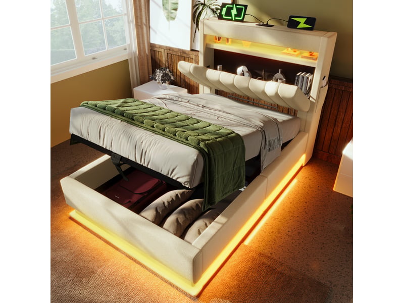 Lit coffre 1 place 90x200 cm avec led et ports usbtype-c, beige, revêtement en lin - Conforama D