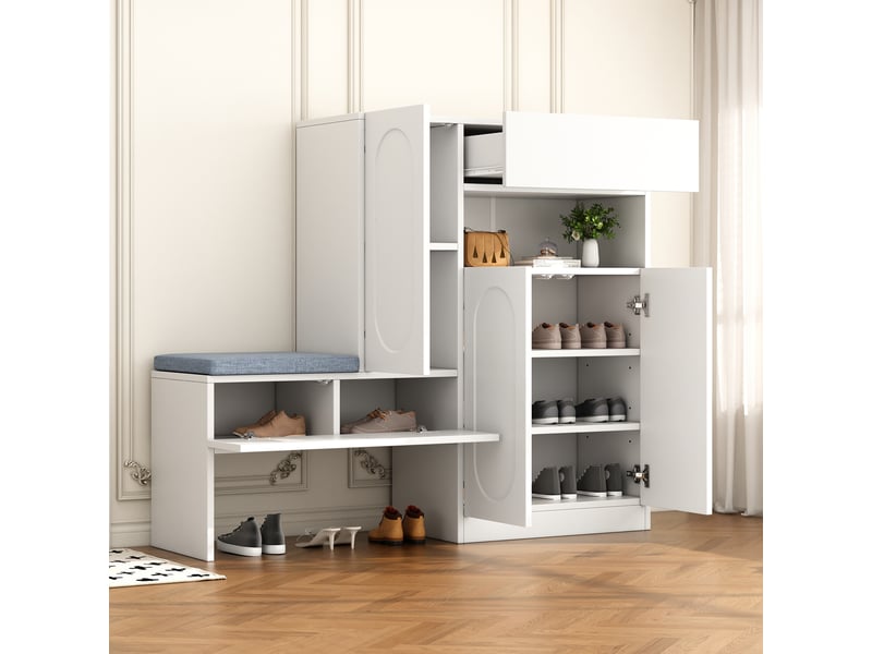 Meuble à chaussures avec 2 portes, 1 niche ouverte et 2 étagères réglables, banc rembourré, blanc 130 × 35 × 110 cm - uvrion - Conforama B