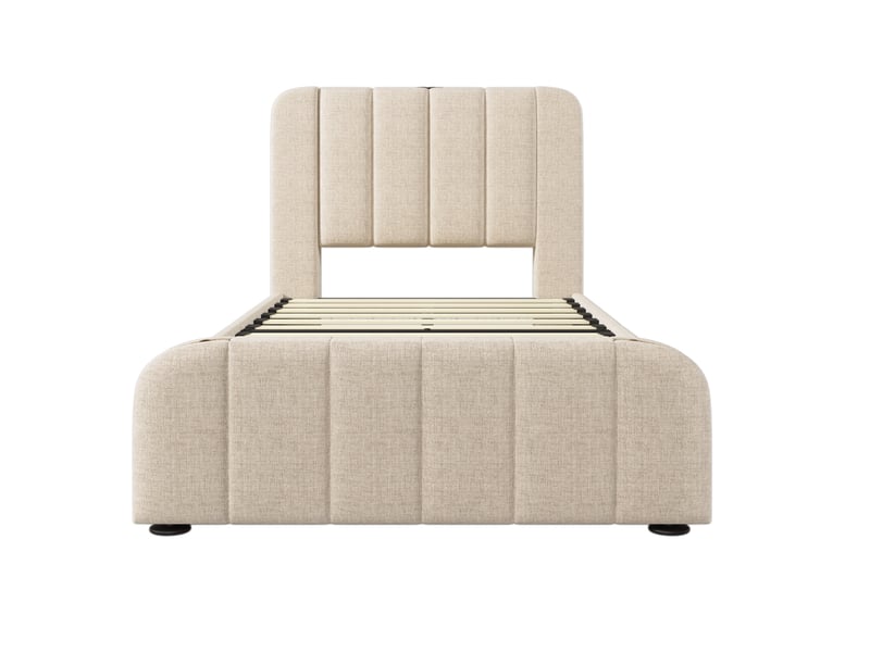  Lit coffre 90x200 avec matelas, lin beige, 4 tiroirs roulants, tête de lit rembourrée avec bande dorée et usb  - Conforama A