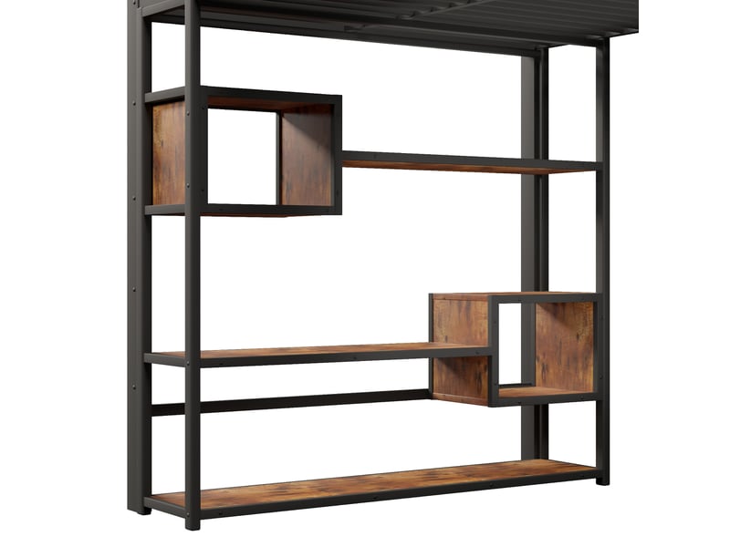  Lit mezzanine 140x200 cm, led, escalier avec rangements et étagères, espace inférieur libre, métal et mdf, noir  - Conforama E