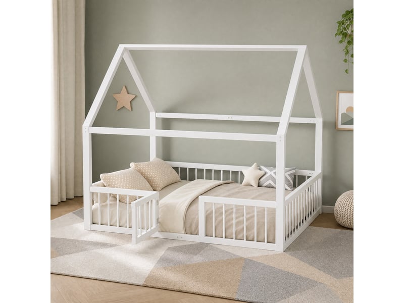  Lit cabane enfant 200×140 cm avec toit, barrières et portillon, sans matelas, en métal blanc  - Conforama B