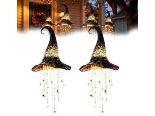 2 pièces décoration halloween suspendue, chapeau de sorcière lumineux led avec étoiles et glands colorés pour porche, terrasse et jardin