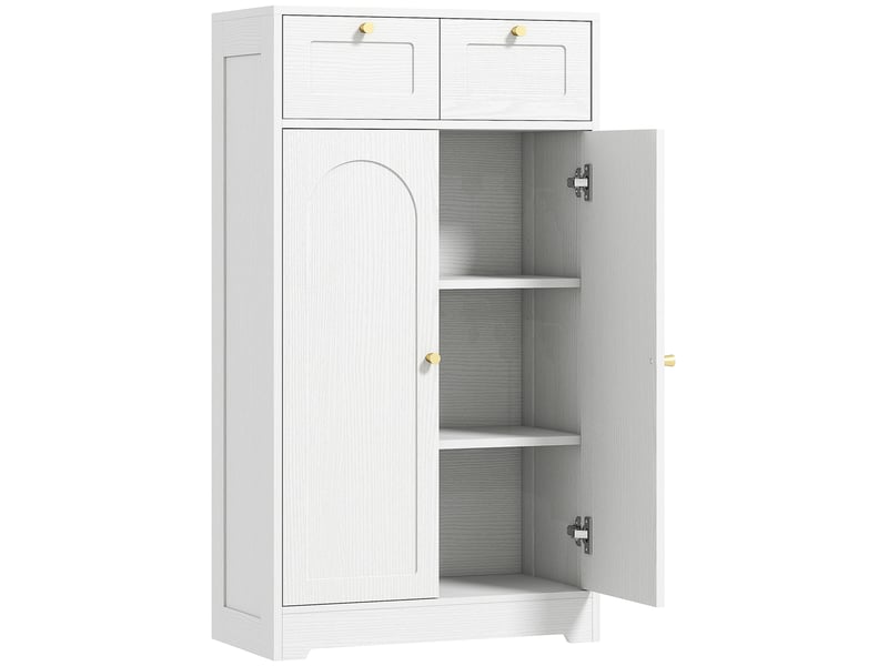  Meuble de salle de bain meuble de rangement avec 2 tiroirs double porte arquée étagères réglables blanc 60x30x108cm  - Conforama B