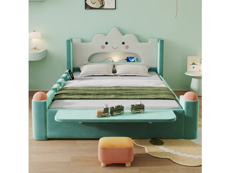  Lit pour enfant, 140x200 cm, avec tête de lit nuage, lampe led usb, matelas non inclus, velours, coloris bleu et vert  - Conforama D
