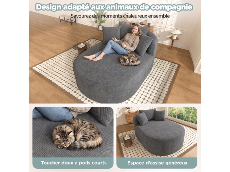  Fauteuil relax ovale compressé en velours côtelé, sans montage, assise profonde, gris  - Conforama E