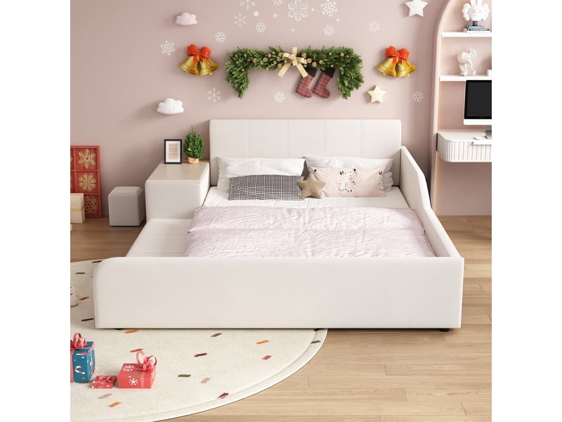  Lit enfant rembourré 140 x 200 cm avec bureau, tabouret, étagère, tête de lit moelleuse et sommier à lattes en bois, velours, blanc CozyNest - Conforama E