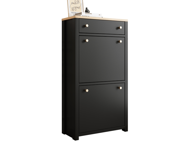  Meuble à chaussures avec 1 tiroir, 2 abattants et étagères réglables pour entrée et couloir en mdf 50×25×95 cm noir  - Conforama A