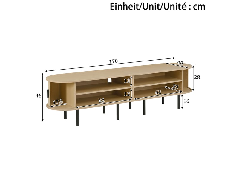  Meuble tv elliptique rainuré avec portes coulissantes, 2 compartiments ouverts, meuble média pour salon, mdf, pieds en métal, bords arrondis, design moderne  - Conforama C