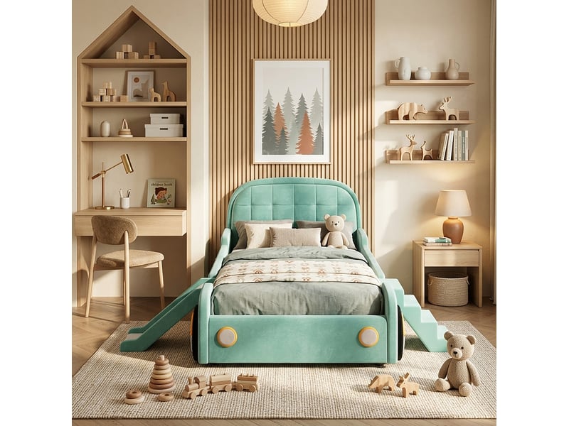  Lit pour enfant voiture, 90 x 200 cm, avec toboggan, escalier réversibles, matelas non inclus, coloris bleu et vert  - Conforama D