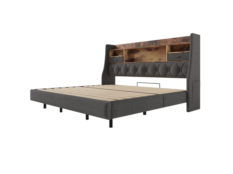 Lit flottant rembourré led avec rangement et usb-c, gris, 180x200 cm Fay Lum - Conforama W