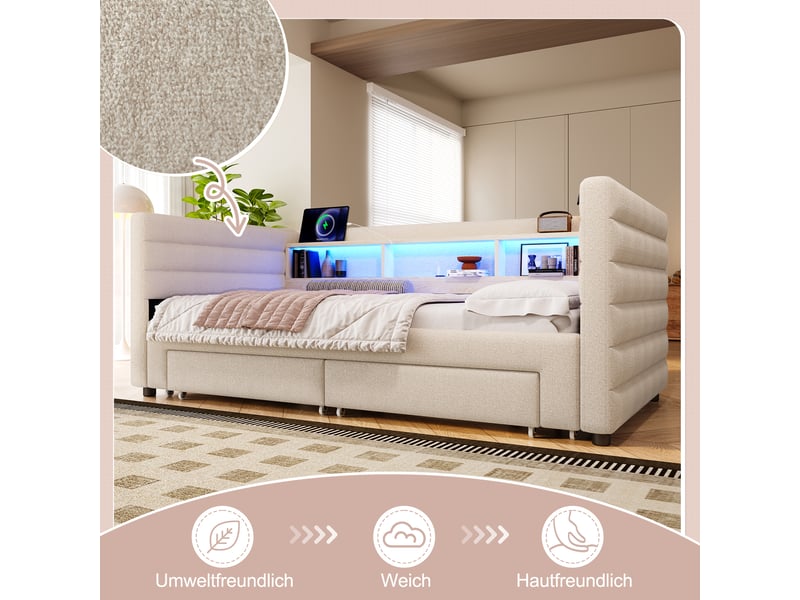  Lit de jour velours avec lit gigogne 90x190, canapé lit beige avec led, ports usb et tiroirs  - Conforama R