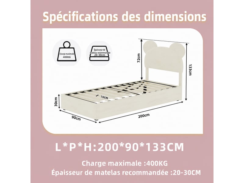  Lit enfant coffre 90x200 cm, tête de lit rembourrée forme cartoon, ouverture à vérins, tissu et métal, beige sans matelas  - Conforama C