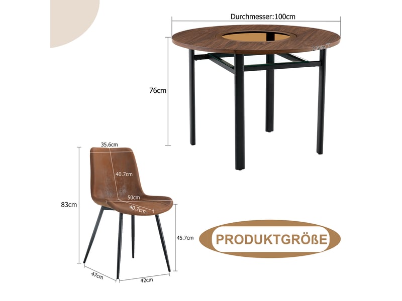  Ensemble table ronde avec 4 chaises marron, table ronde de 100 cm avec plateau effet bois marron et insert en verre trempé  - Conforama E