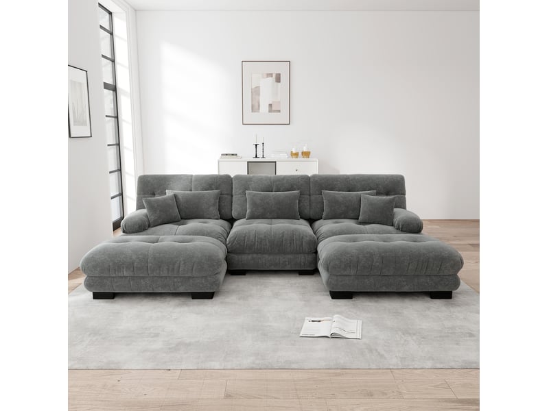  Canapé modulable modenvie 3 places gris en chenille 313 x 145 x 81 cm avec ottomans mobiles  - Conforama B