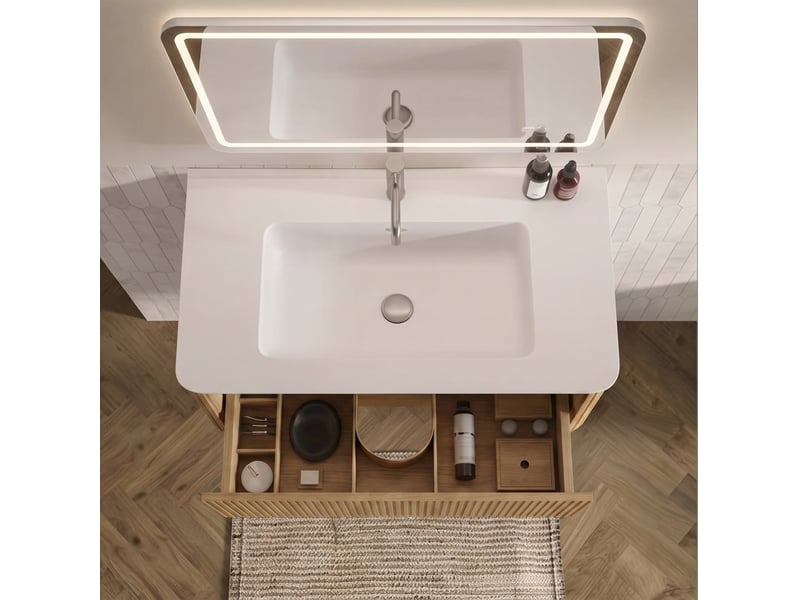 Ensemble meuble de salle de bains avec lavabo, meuble suspendu 81x46,5x37 cm, miroir led 50x80 cm et colonne, mdf, coloris chêne - Conforama D