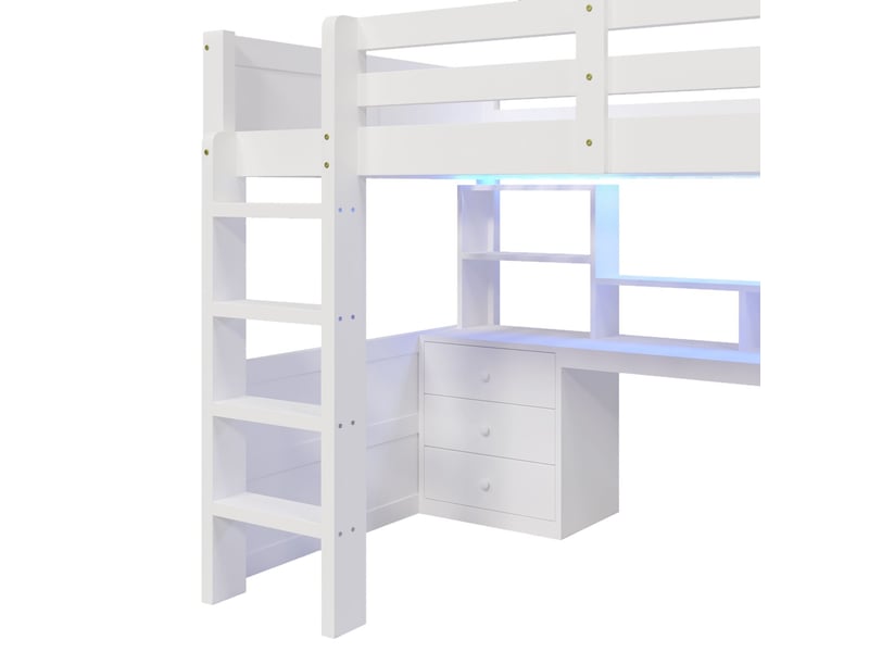 Lit mezzanine 140x200cm avec bureau et armoire - lit double - led multicolore, tiroirs de rangement, garde-corps de sécurité - blanc - Conforama D