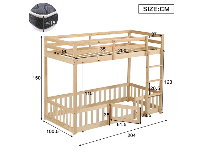  Lit mezzanine enfant 90 × 200 cm 1 place avec escalier, barrières et porte, sans matelas, en pin naturel  - Conforama D