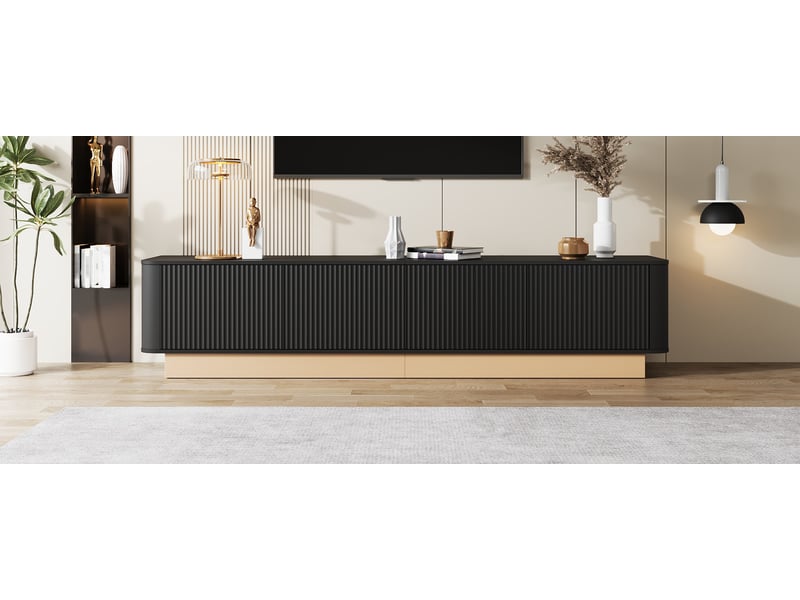 Meuble tv 200 cm noir en mdf avec 4 portes et design nervuré - Conforama E
