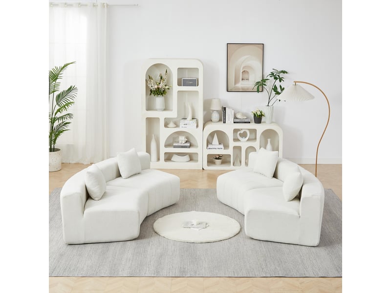  Canapé 4 places - 383.5x83.8x73.6 cm - canapé droit incurvé modulaire chenille avec 4 coussins sans montage - blanc  - Conforama D