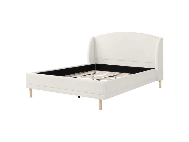  Lit capitonné 140×190 cm en tissu bouclé, tête de lit à oreilles, design incurvé, sommier à lattes solides, pieds en bois d'hévéa, blanc ivoire  - Conforama E