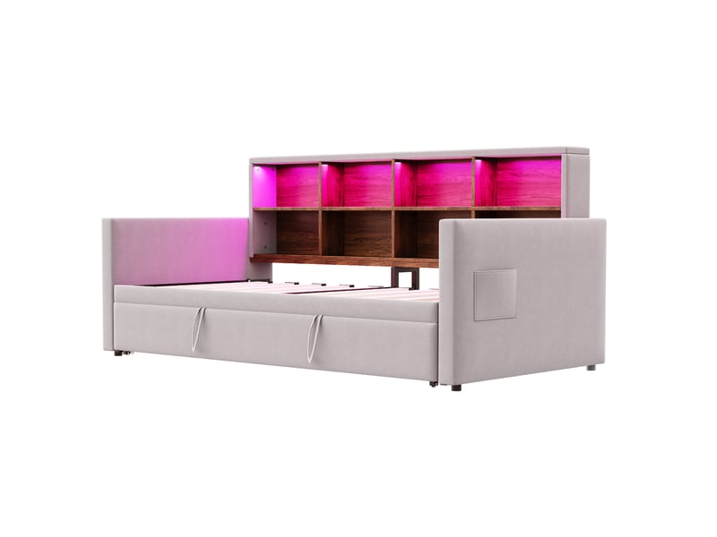  Lit banquette 90 x 190 cm, tête rangements, led, chargeurs, gigogne, velours gris clair  - Conforama E