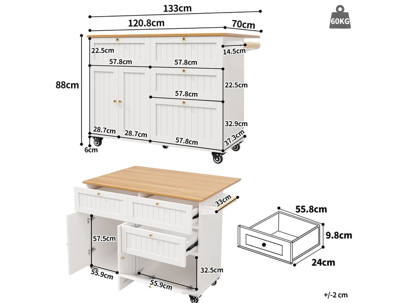  Îlot de cuisine mobile avec rangement et plateau rabattable 133 x 70 x 88 cm blanc  - Conforama C