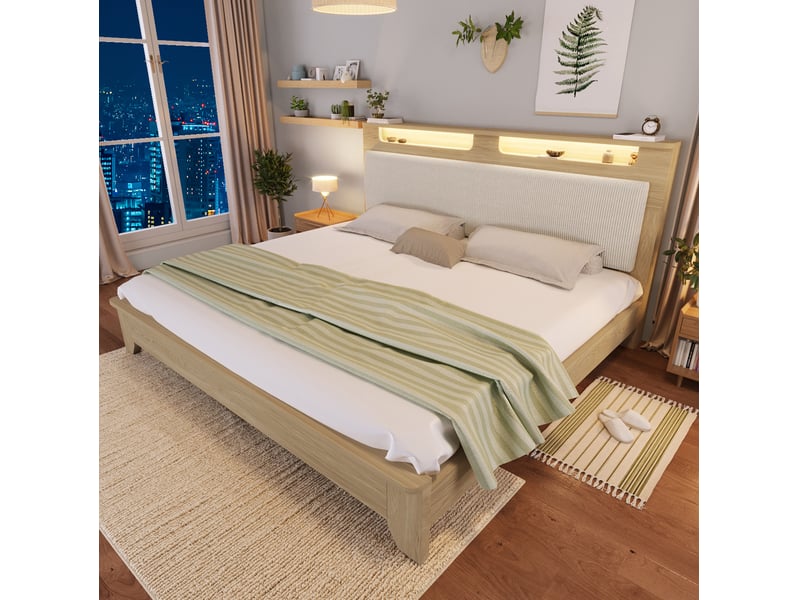 Lit coffre 160 × 200 cm 2 places avec led, étagères et rangement, matelas inclus, en bois et velours côtelé beige - Conforama B