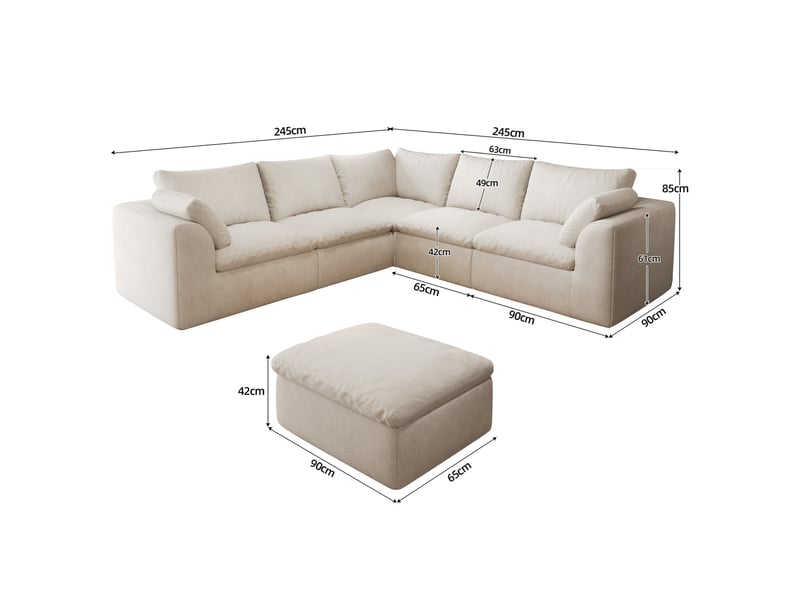  Canapé panoramique en v 6 places 245x245 cm en tissu beige blanc  - Conforama C