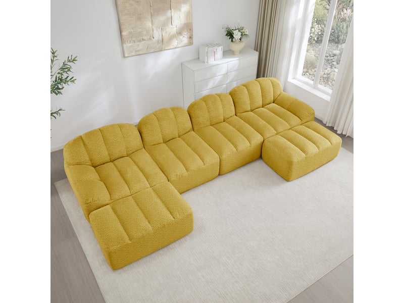 Canapé modulable 4 places en u avec deux ottomans, canapé sans cadre en mousse haute densité 32d, tissu jaune pour salon - Conforama C