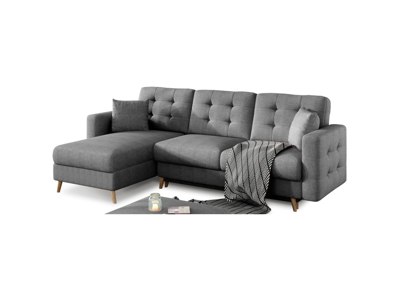  Canapé d'angle convertible hasgard 3 places gris foncé 248x162 cm – coffre et pieds bois  - Conforama E
