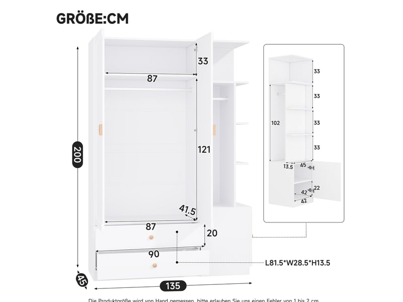  Armoire penderie blanche 135 x 45 x 200 cm, 2 tringles, 2 tiroirs et étagères ouvertes  - Conforama C