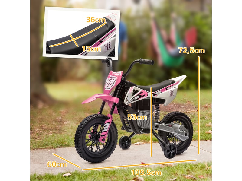  Moto électrique pour enfant moto cross pour enfants de 3 à 6 ans 2 moteurs 12v vitesse 5 kmh 109,5x60x72,5cm rose  - Conforama E