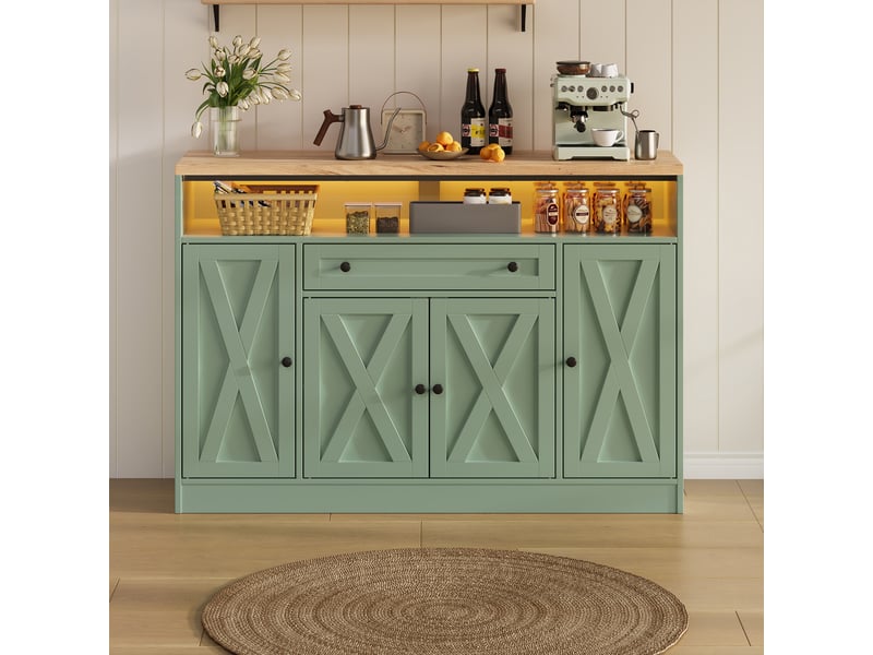  Buffet avec led rgb, 4 portes style grange, tiroir et étagères, meuble mdf 140x35x95cm pour salon et salle à manger - vert  - Conforama B