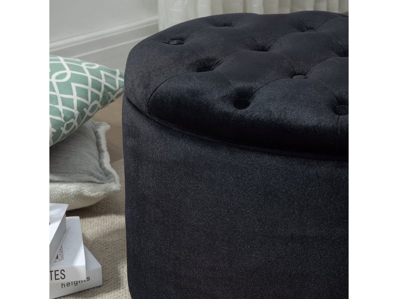  Pouf de rangement ovale 71 x 52 x 42 cm noir en polyester, avec couvercle amovible et capitonnage  - Conforama E