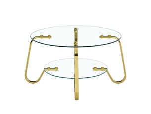 Table basse en verre trempé, structure en métal doré, double plateau, ø 80 cm, style minimaliste rétro.