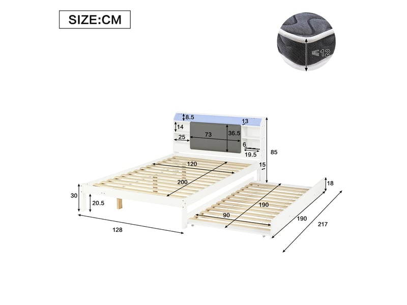  Lit gigogne jeune 120x200 cm, espace de rangement, avec led, rangement et station de charge, bois, blanc, sans matelas  - Conforama C